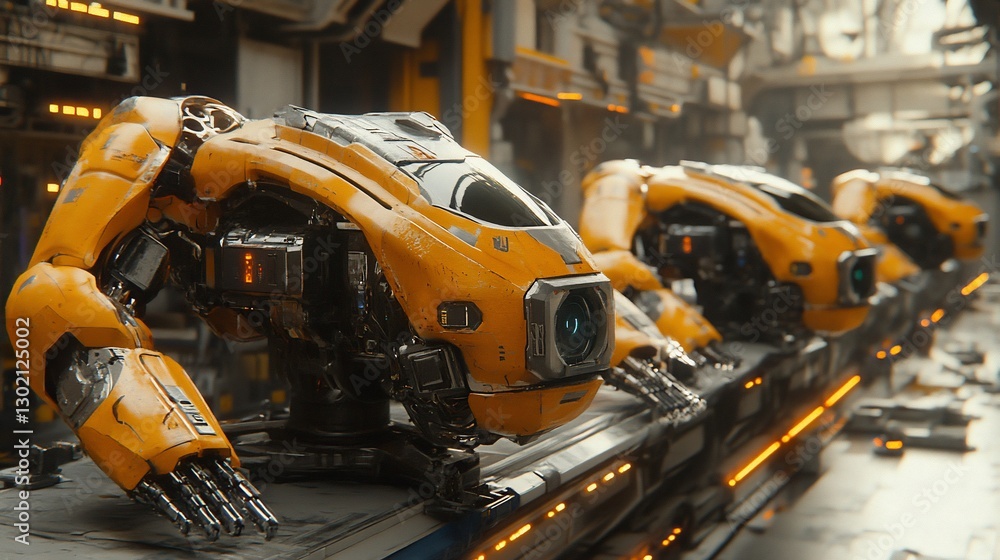 Three futuristic yellow robots on a conveyor belt in a factory. Three futuristic yellow robots on a conveyor belt in a factory.