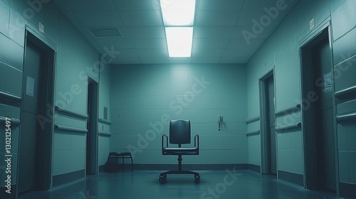 Chair is sitting in the middle of a hospital hallway