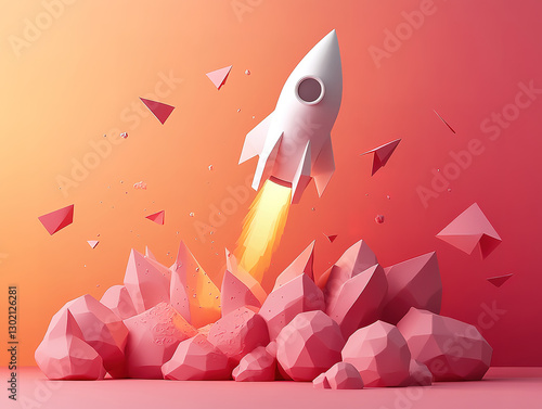 Leadership and success concept with a standout rocket among paper followers photo