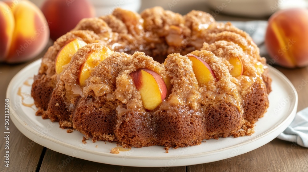 Delicious Peach Bundt Cake with Crumb Topping on White Plate Delicious Peach Bundt Cake with Crumb Topping on White Plate