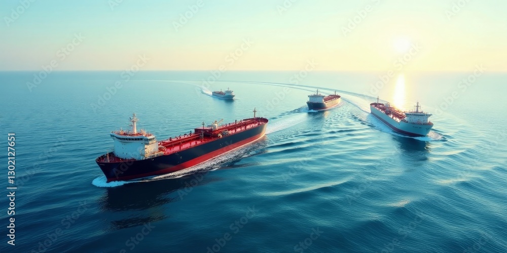 Naklejka premium A fleet of large tankers sailing on a calm ocean at sunset, displaying their powerful hulls and sleek designs, moving in a coordinated manner, creating a majestic scene of global maritime trade