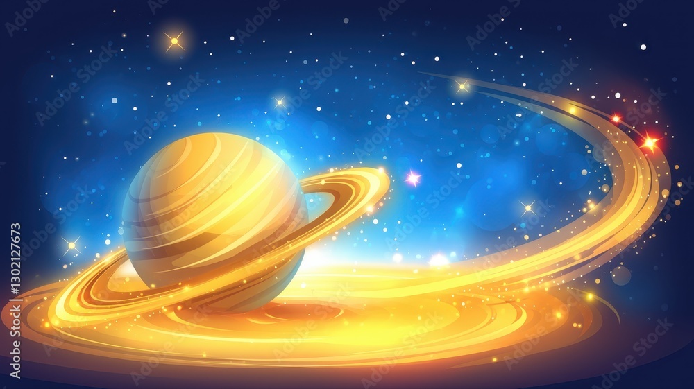Stunning Digital Illustration of Saturn with Glowing Rings in a Starry Space Background Stunning Digital Illustration of Saturn with Glowing Rings in a Starry Space Background