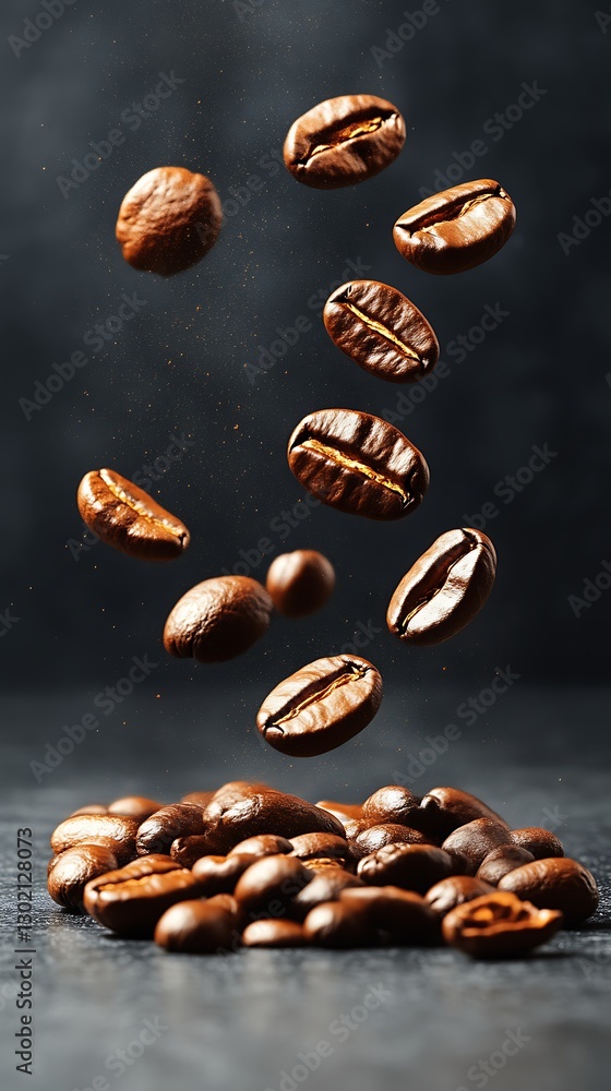 Roasted coffee beans falling dark background Roasted coffee beans falling dark background