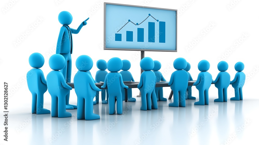 Blue figures holding a meeting while presentation is shown Blue figures holding a meeting while presentation is shown