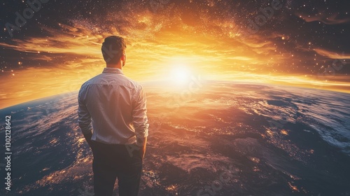 Man is standing in front of a beautiful sunset, looking up at the sky