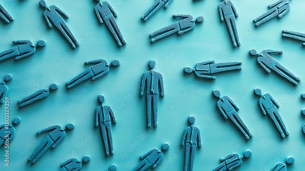 Multiple miniature figures are scattered on a turquoise color backdrop Multiple miniature figures are scattered on a turquoise color backdrop