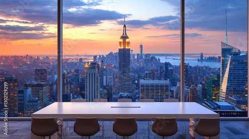 Large city skyline is visible from a window in a high rise building