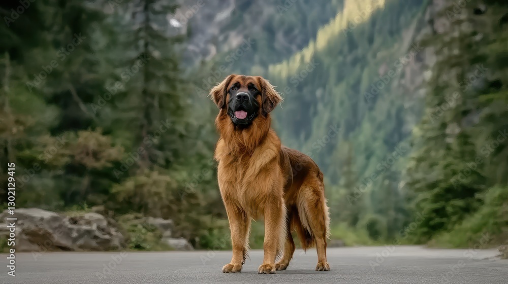 Naklejka premium Majestic golden dog standing proudly on a serene mountain road surrounded by lush greenery