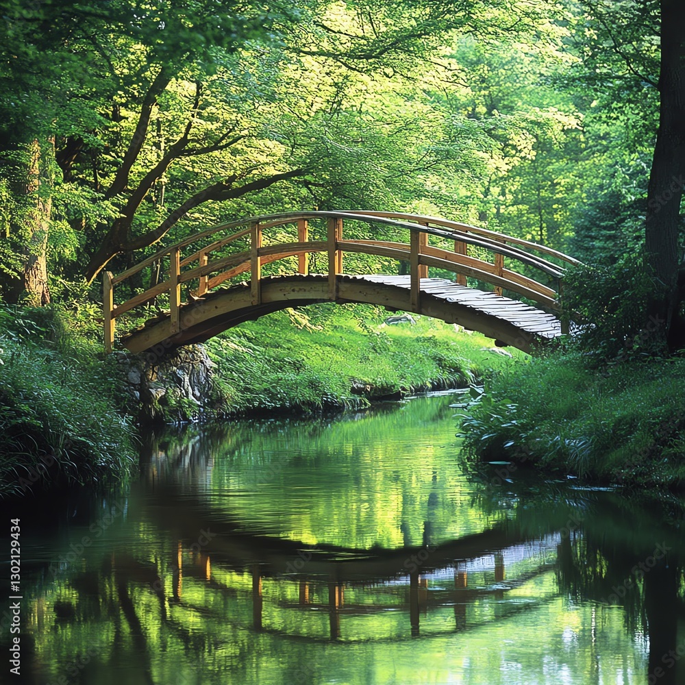 Wooden bridge over a serene river surrounded by lush green foliage. Wooden bridge over a serene river surrounded by lush green foliage.