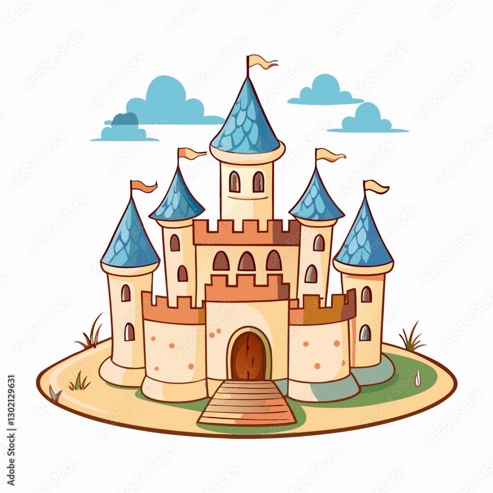 Fototapeta premium Cartoon castle with blue towers on grassy landscape