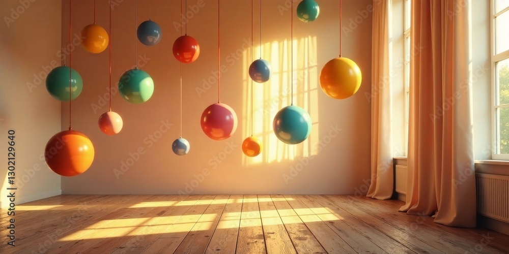 Fototapeta premium Sunlit Room Decorated with Hanging Colorful Spheres on Wooden Floor