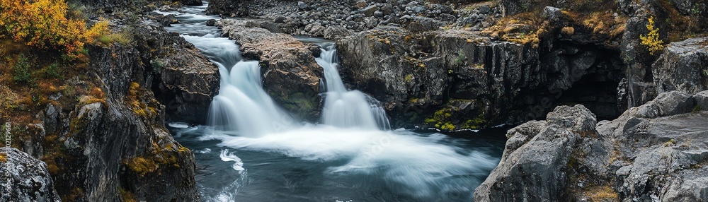 Serene waterfall cascading over rocks into a clear pool surrounded by autumn foliage. Serene waterfall cascading over rocks into a clear pool surrounded by autumn foliage.