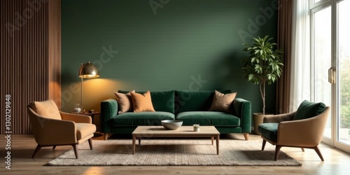 Serene Living Room Interior Design with Deep Green Walls and Luxurious Upholstery