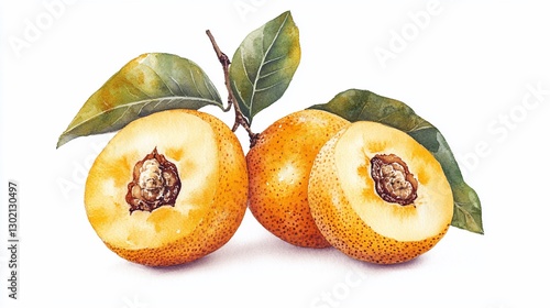 Watercolor illustration of three loquat fruits with leaves on a white background