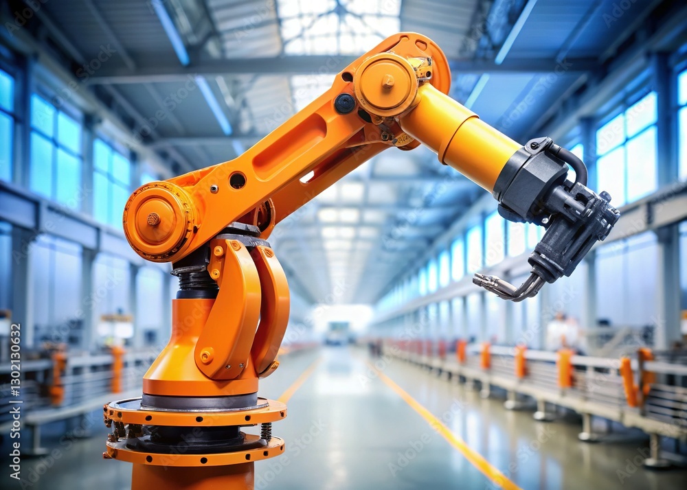 Industrial Robot Arm: Bright Orange Robotic Arm on Modern Factory Production Line Industrial Robot Arm: Bright Orange Robotic Arm on Modern Factory Production Line