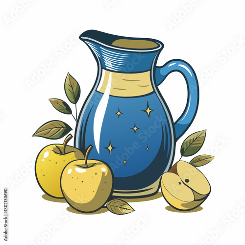 Blue pitcher with yellow apples and green leaves