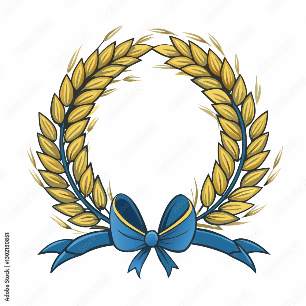Obraz premium Golden laurel wreath with blue ribbon on white background
