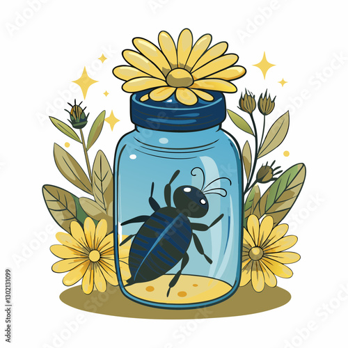 Insect in jar surrounded by yellow flowers and green leaves