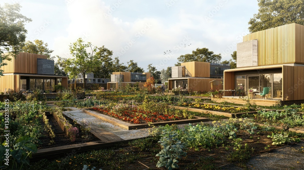 Fototapeta premium Sustainable Community Living: Eco-Friendly Modular Homes in a Shared Garden
