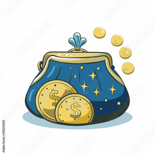 Illustration of a blue money bag with golden coins