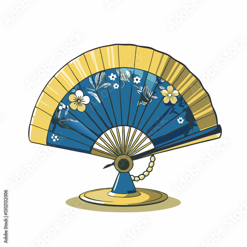 Decorative fan with floral design in yellow and blue
