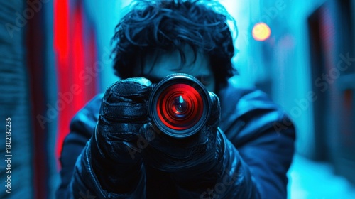 Man is taking a picture of himself with a red lens