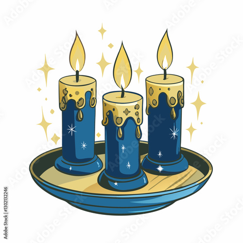 Blue decorative candles on a tray with stars