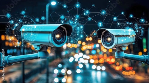 Two security cameras are mounted on poles in a city street
