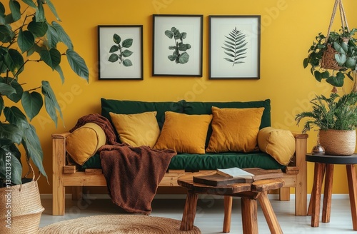 The interior of a stylish living room features a wooden coffee table  a green sofa  and gold-framed art on the wall.