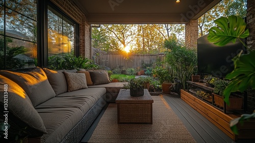 Sunset patio seating area with TV