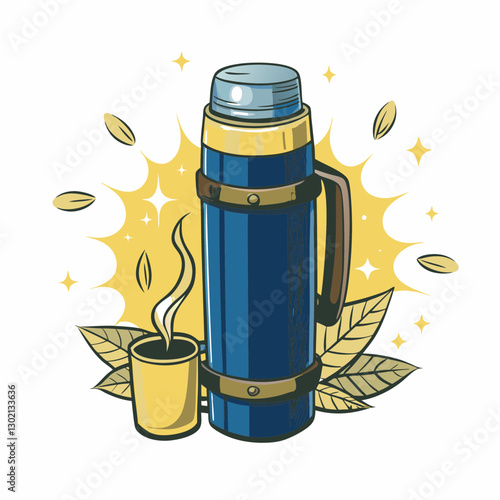 Thermos with steam and cup surrounded by leaves