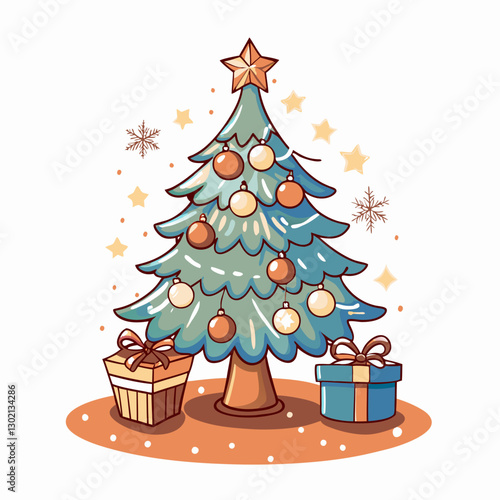 Christmas tree with ornaments and presents against a festive background