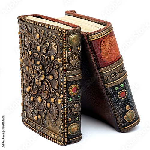 Two ornate antique books with intricate designs on a white isolated background.