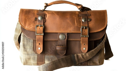 Stylish leather messenger bag on a white isolated background.
