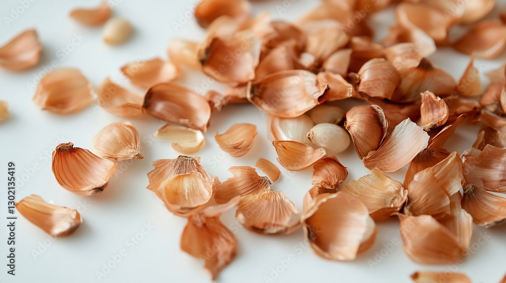 Close up of Dried Onion Skin scattered on a white surface for organic waste concept Close up of Dried Onion Skin scattered on a white surface for organic waste concept