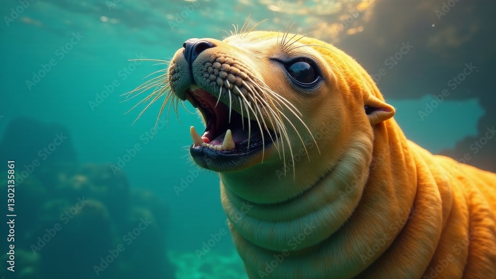 Fototapeta premium Close-up Underwater Portrait of a Young Sea Lion with Open Mouth Revealing Teeth and Whiskers, Showing Aquatic Mammal in its Natural Habitat