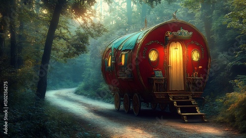 A charming red caravan with ornate gold details parked along a forest path at twilight
