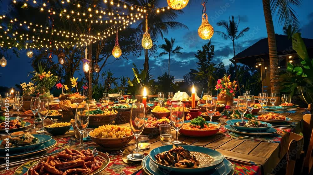 A Beautiful Outdoor Dinner Party Under String Lights Surrounded by Lush Tropical Flora and Delicious Culinary Delights A Beautiful Outdoor Dinner Party Under String Lights Surrounded by Lush Tropical Flora and Delicious Culinary Delights