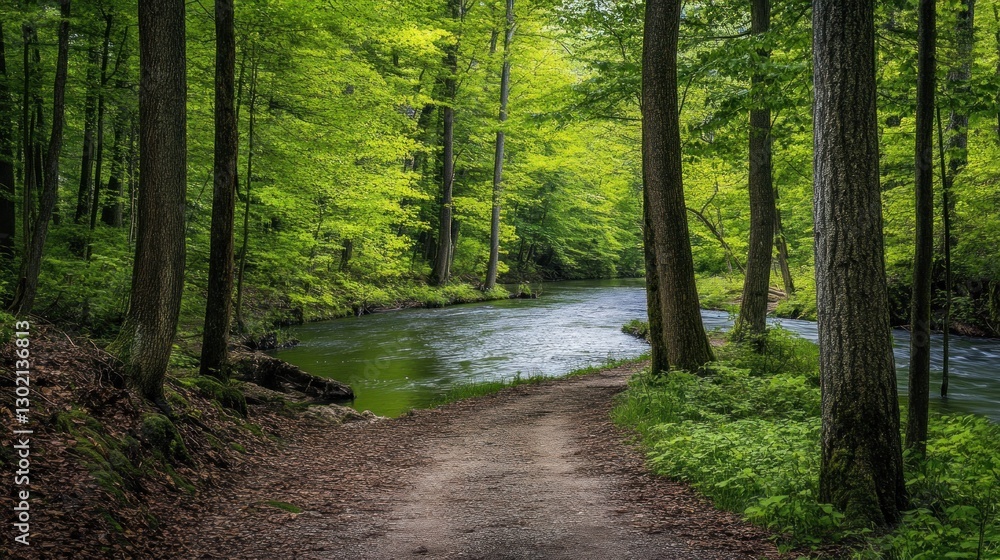 Obraz premium Serene Forest River Trail: A Peaceful Escape into Nature