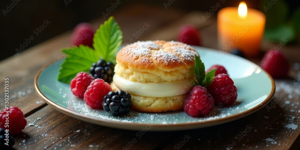 Delicious pastry dessert with creamy filling, adorned with fresh raspberries and blackberries on a rustic wooden table setting, illuminated by candlelight Delicious pastry dessert with creamy filling, adorned with fresh raspberries and blackberries on a rustic wooden table setting, illuminated by candlelight