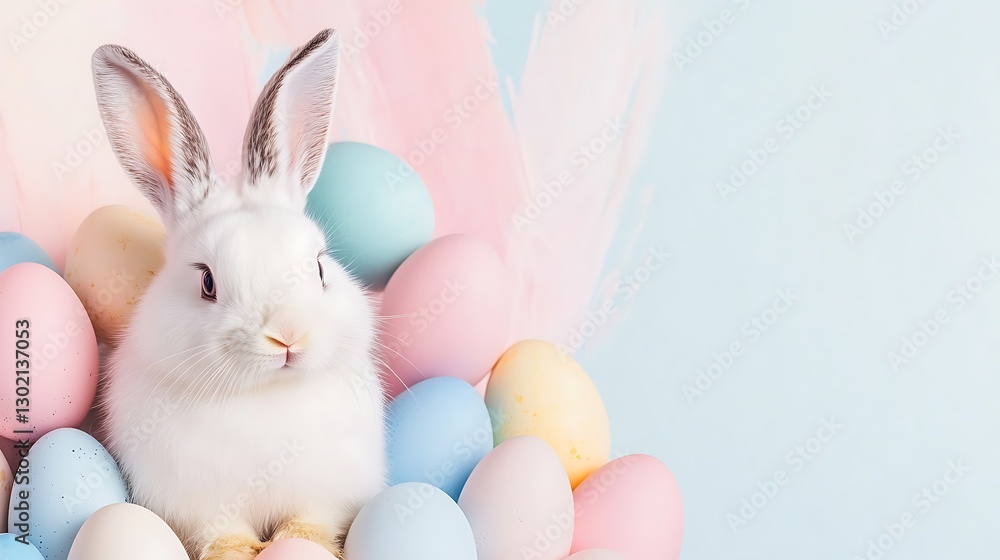 Cute Bunny with Colorful Easter Eggs Against a Bright Blue Background Cute Bunny with Colorful Easter Eggs Against a Bright Blue Background