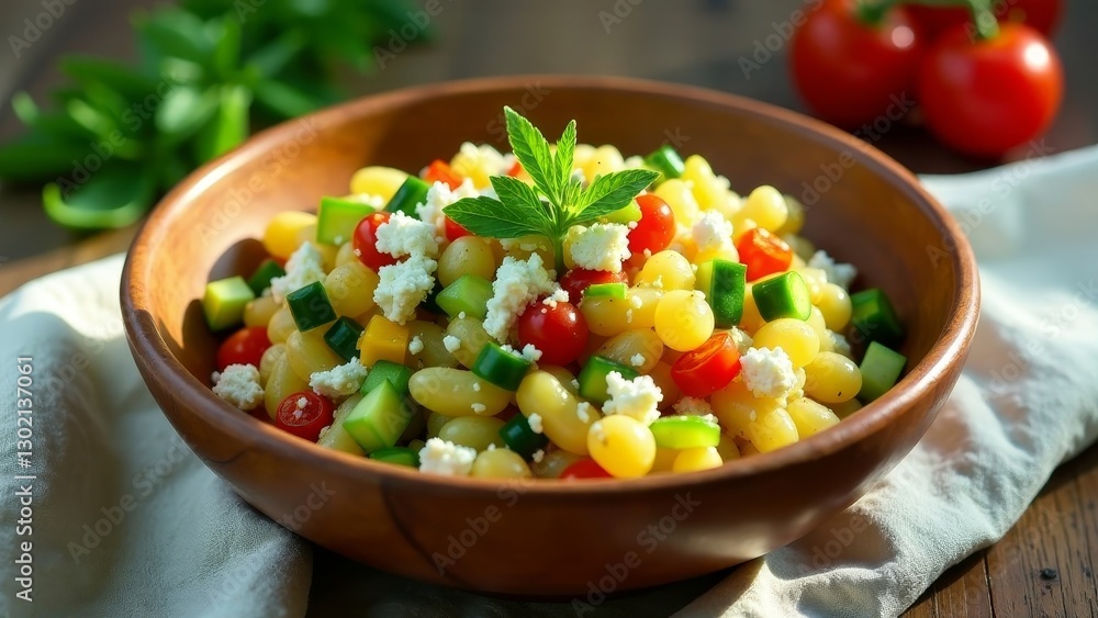 Refreshing Potato Salad with Cubes of Cheese and Colorful Vegetables in a Wooden Bowl Refreshing Potato Salad with Cubes of Cheese and Colorful Vegetables in a Wooden Bowl