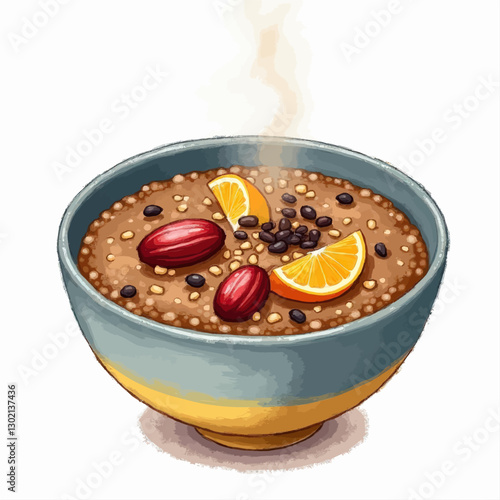Cartoon bowl of steaming oatmeal with oranges, red fruit, and black beans, transparent background