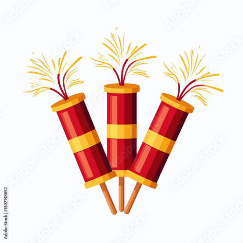 Cartoon illustration of three red and yellow firecrackers with transparent background