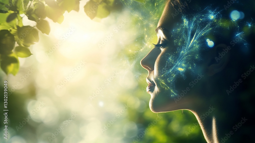 Serene Profile of a Woman with Glowing Aura amid Nature's Radiant Embrace Serene Profile of a Woman with Glowing Aura amid Nature's Radiant Embrace