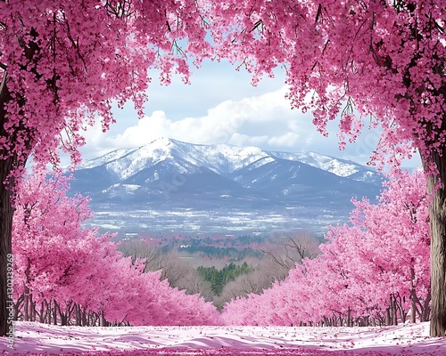 Pink Cherry Blossoms Frame Mountain View