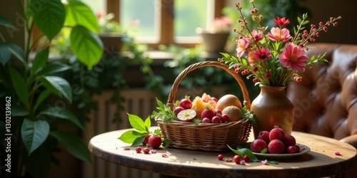 A sunlit wicker basket filled with assorted fresh fruits, nestled amongst vibrant green foliage and a bouquet of pink blossoms in a rustic vase on a wooden table