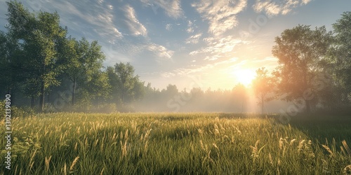 Golden fields sway beneath a clear blue sky, as sunlight filters through trees, casting a warm, enchanting glow over the vibrant yellow grass photo