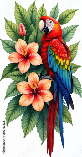 Colorful Parrot with Hibiscus Flowers and Leaves, transparent background