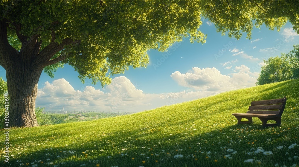 Obraz premium Vibrant green grass adorned with delicate white flowers cascades down a lush hillside, beside which sits a charming wooden bench. A bright blue sky sprinkled with fluffy white clouds completes the ser